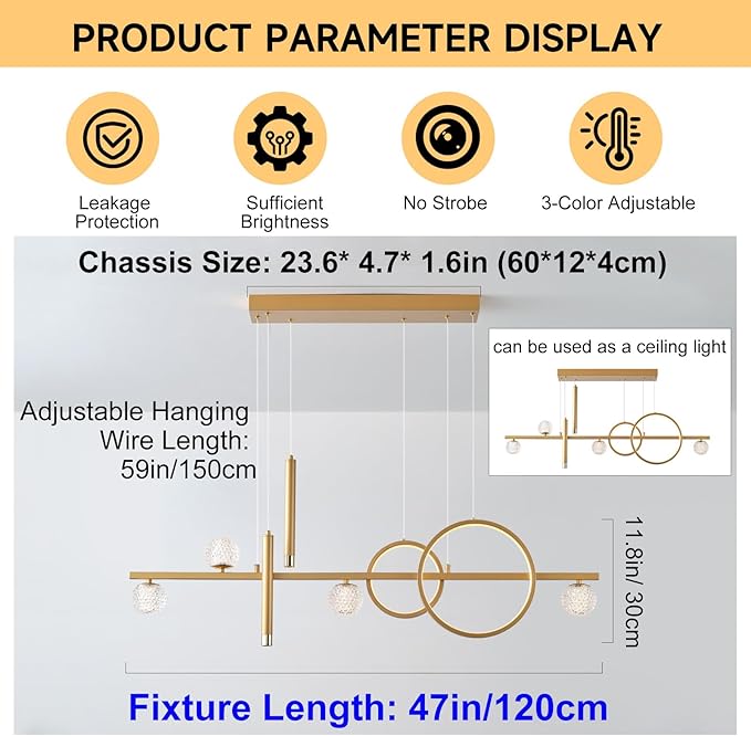 ORANOOR LED Gold Chandeliers for Dining Room, 47in Dimmable Modern Chandelier Gold Pendant Lights for Kitchen Island, Linear Ring Globe Pendant Light Fixtures Dining Room Lights Ceiling Hanging