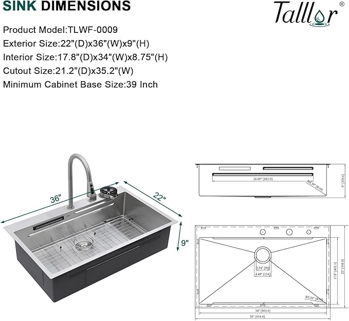 36 Inch Drop-In Single Bowl Kitchen Sink with Faucet, 16 Gauge 304 Stainless Steel Workstation Sink with Waterfall Outlet, Brushed Finish for Decoration or Renovation #TL-FDOE00015