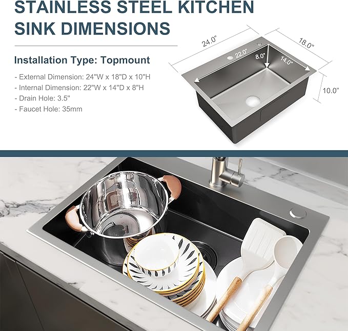 24" x 18" Drop in Kitchen Sink Stainless Steel Single Bowl Kitchen Sink with Drain Kit and Faucet