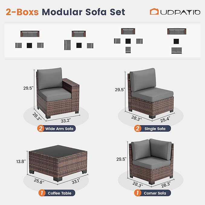 UDPATIO Patio Furniture Set, 8 Inch Armrest Outdoor Sectional Sofa with Wicker Coffee Table, 6 Piece Conversation for Garden, Backyard, Dark Grey