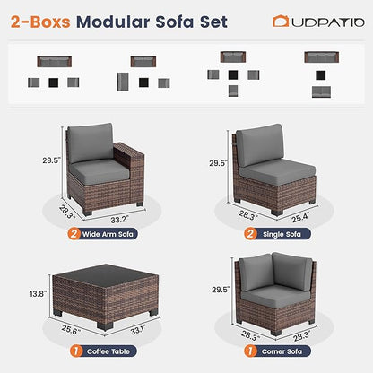 UDPATIO Patio Furniture Set, 8 Inch Armrest Outdoor Sectional Sofa with Wicker Coffee Table, 6 Piece Conversation for Garden, Backyard, Dark Grey