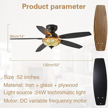 Ceiling Fans with Lights - 52" Ceiling Fan Chandelier with 5 Dual-Blades and Glass Shade, 6 Speeds and Reversible, Indoor and Outdoor, Retro Style