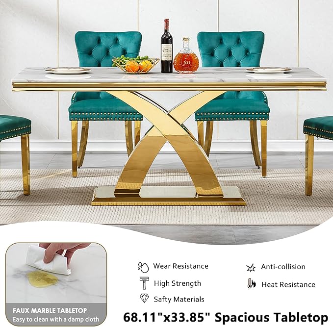 68" Faux Marble White Dining Table for 6-8, Modern Dining Room Table with 0.71" Marble Printing MDF Top and X-Shaped Gold Stainless Steel Base, Rectangle Kitchen Dinner Table