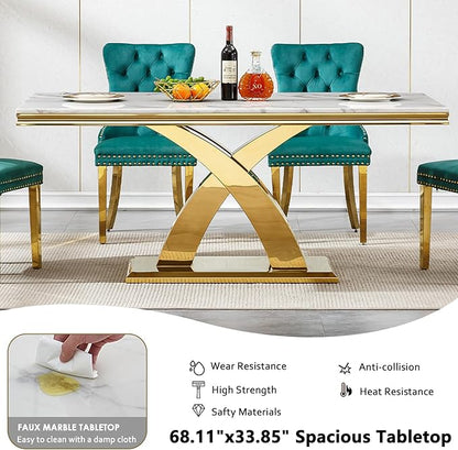 68" Faux Marble White Dining Table for 6-8, Modern Dining Room Table with 0.71" Marble Printing MDF Top and X-Shaped Gold Stainless Steel Base, Rectangle Kitchen Dinner Table