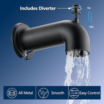Slip-On Tub Spout with Diverter Long for Bathtub Spout, Fit for 1/2 Inch Slip Pipe, Matte Black