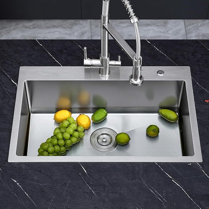 25x18 inch Drop-in Kitchen Sink Single Bowl with 2 Holes, 18 Gauge Stainless Steel Handmade Residential Topmount Kitchen Sink 9 inch Deep Basin Bowl (Brushed Nickel)