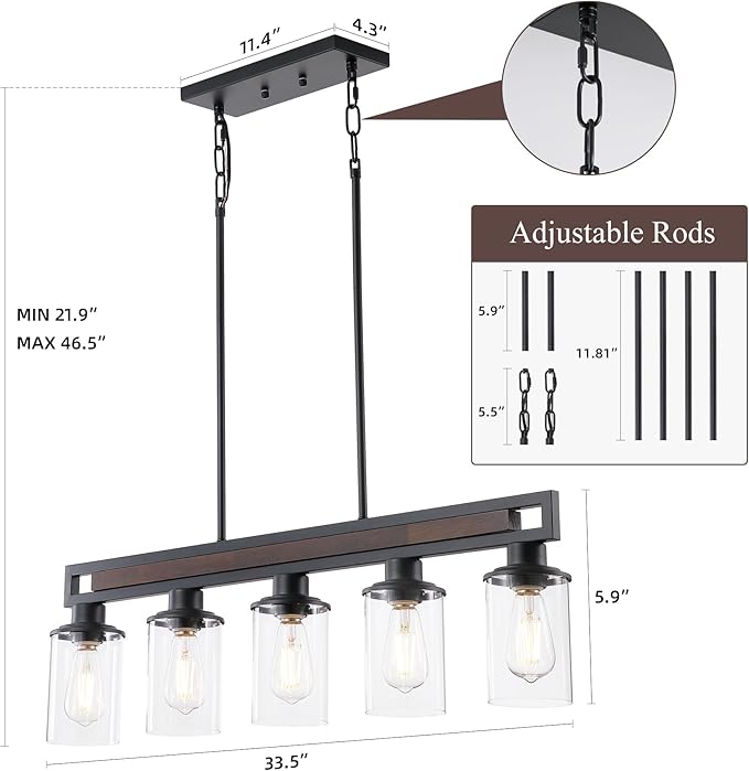 Farmhouse Dining Room Light Fixture Over Table, 5-Light Wood Kitchen Island Lighting, Black Adjustable Pendant Light with Clear Glass Shades, Linear Chandeliers Lighting for Kitchen