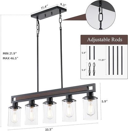 Farmhouse Dining Room Light Fixture Over Table, 5-Light Wood Kitchen Island Lighting, Black Adjustable Pendant Light with Clear Glass Shades, Linear Chandeliers Lighting for Kitchen