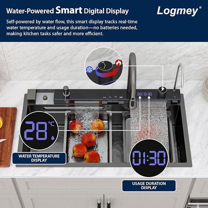 Logmey 33" Smart Dual Waterfall Sink with Digital Display,Water Purifier,Nano PVD Black Drop in Kitchen Sink with Faucet,16 Gauge Stainless Steel Sinks with Temperature Control Knob,5 Buttons,33x19x9