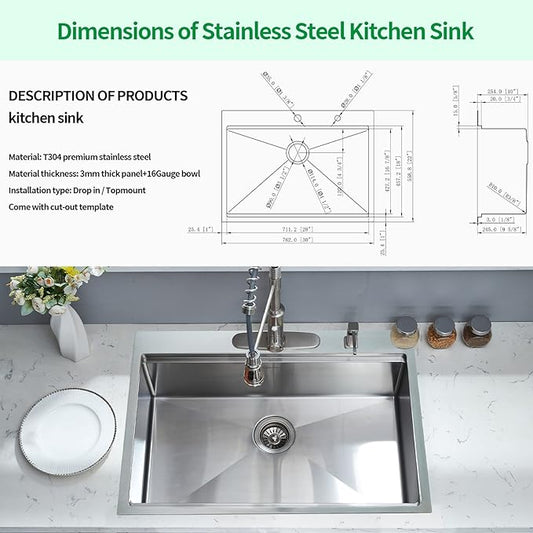 Kitchen Sink, 30 x 22 x 10 Drop in Kitchen Sink 16 Gauge Stainless Steel Kitchen Sinks Single Bowl Workstation Sink with Cutting Board