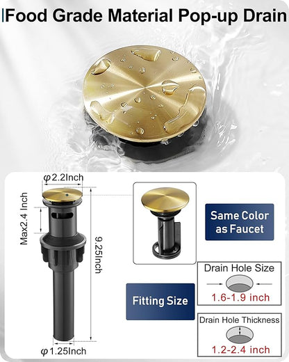 Waterfall Bathroom Sink Faucet, Brass Gold Bathroom Faucet 1 Hole, Single Handle Bathroom Faucets for Sinks, 4 Inch 3 Holes Faucet Bathroom Sink with Drain Deck Plate Supply Hoses for Lavatory
