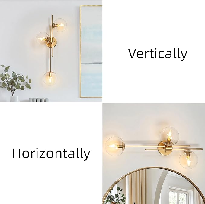 KSANA Gold Sconces Wall Lighting, Modern 3-Light Bathroom Vanity Light Fixtures with Globe Clear Glass Shade Over Mirror or Beside for Hallway, Bedroom, Living Room and Kitchen