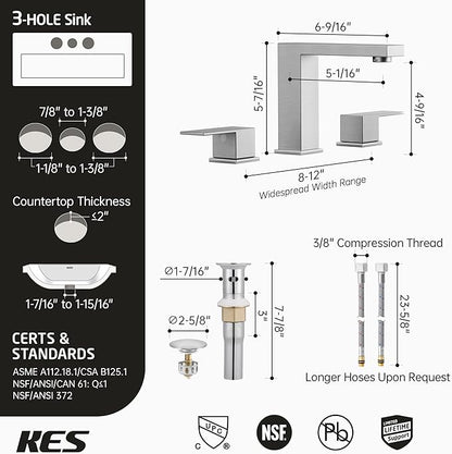 KES Brushed Nickel Bathroom Faucet 3 Hole, 8-Inch Widespread Bathroom Sink Faucet with Metal Bathroom Sink Drain with Overflow, Vanity Faucet with cUPC Supply Line, L4350LFF12-BS-C1