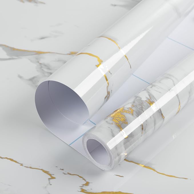 practicalWs Glossy Marble Wallpaper Peel and Stick White/Gold Granite Contact Paper Removable Wall Paper for Kitchen Countertop Cabinet Furniture 17.7" x 196.8"