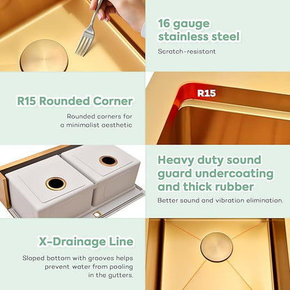 Gold Farmhouse Kitchen Sink 33 x 22 Drop In, 50/50 Double Bowl Farm Sinks, 16 Gauge Stainless Steel Workstation Sink with Ledge & Accessories, 33" x 22" x 10" Large and Deep Double Sinks