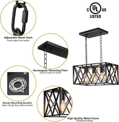 Pynsseu Industrial Kitchen Island Pendant Lighting, Rectangular Vintage Rustic 3-Light Hanging Pendant Light Fixtures for Kitchen Farmhouse, Bar, Dinning Room