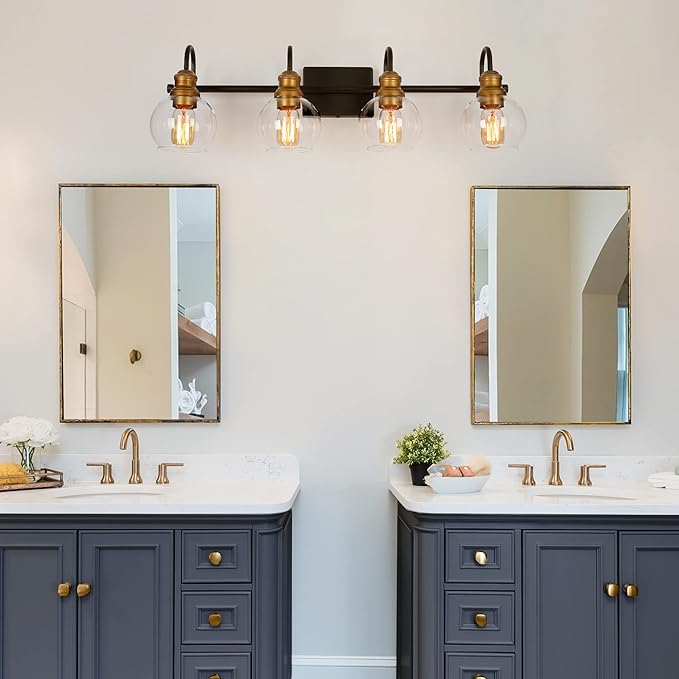 LALUZ Bathroom Vanity Light, 4-Light Black Bathroom Light Fixtures with Oil Rubbed Bronze Finish, Modern Farmhouse Vanity Lights with Clear Globe Glass Shade (L 29.5" x W 7" x H 9")