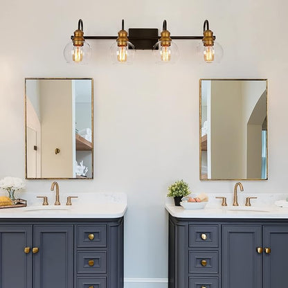 LALUZ Bathroom Vanity Light, 4-Light Black Bathroom Light Fixtures with Oil Rubbed Bronze Finish, Modern Farmhouse Vanity Lights with Clear Globe Glass Shade (L 29.5" x W 7" x H 9")
