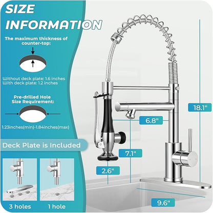 Kitchen Faucet with Pull Down Sprayer - Chrome Single Handle Commercial Kitchen Faucets, 2-Spout Stainless Steel Spring Pull Out Kitchen Sink Faucet 1/3 Hole with Deck Plate