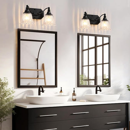 Black Vintage Bathroom Vanity Light Fixture, 2-Light Vanity Light for Bathroom, Antique Matte Black Finish with Crystal Glass Shade, Lighting Fixtures Over Mirror for Bedroom Living Room