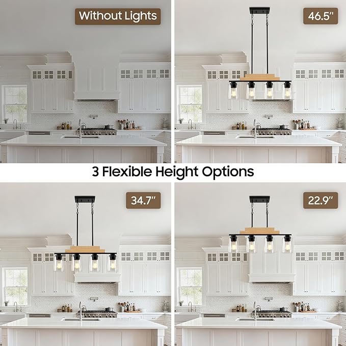 4-Light Linear Chandeliers for Dining Room Hanging, Farmhouse Dining Room Light Fixture Over Table, Black Pendant Kitchen Island Lighting, Wood Ceiling Light Fixture with Clear Glass Shade