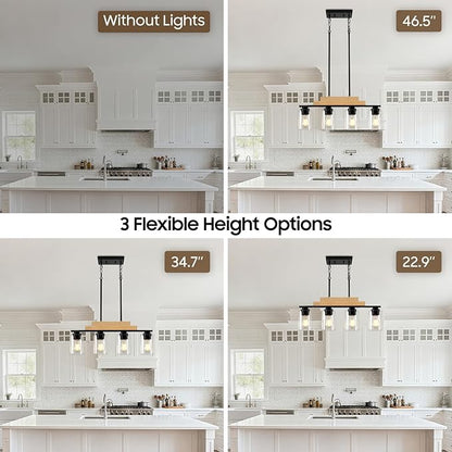 4-Light Linear Chandeliers for Dining Room Hanging, Farmhouse Dining Room Light Fixture Over Table, Black Pendant Kitchen Island Lighting, Wood Ceiling Light Fixture with Clear Glass Shade