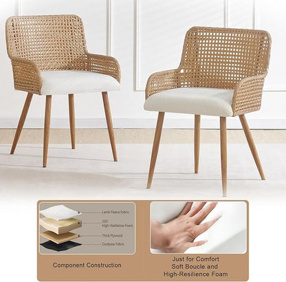 Rattan Dining Chairs Set of 2,Upholstered Modern Dining Room Chairs with Boucle Cushion,PE Cane Back Kitchen Chair with Arm for Farmhouse, Kitchen,Restaurant
