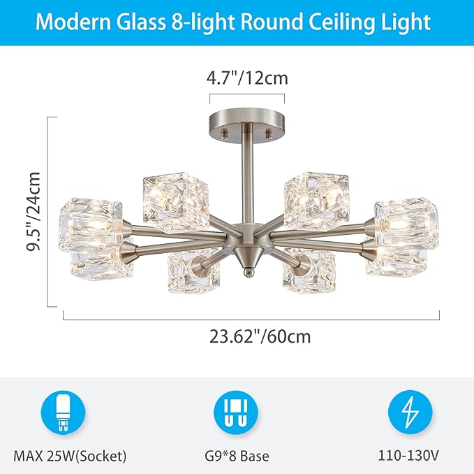 XINGQI 8-Light Brushed Nickel Modern Sputnik Chandeliers Semi Flush Mount Ceiling Light Fixture for Dining Room Bedroom Living Room Kitchen Entryway