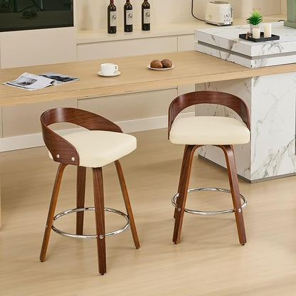 Bar Stools Set of 2, Mid Century Modern Swivel Stools with Low Back, 25" Counter Height Wooden Bar Chairs with Soft Faux Leather Cushion, for Kitchen Island, Bar & Home,Beige