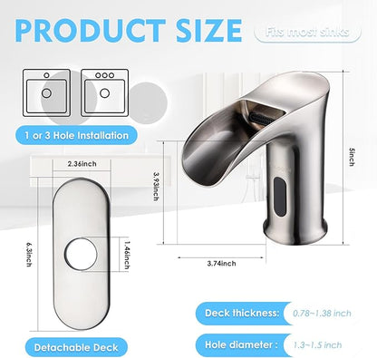 Automatic Sensor Touchless Waterfall Bathroom Sink Faucet, Modern Electronic Sensor Lavatory Faucet, Brushed Nickel Hands Free Vanity Faucets with Control Box and Temperature Mixer