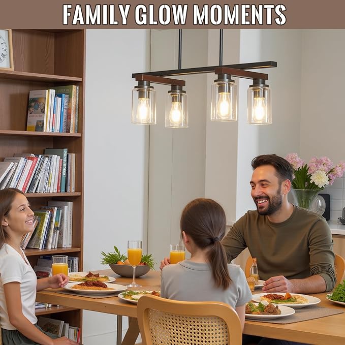 4-Light Kitchen Island Lighting & Farmhouse Dining Room Light Fixtures Over Table, Rustic Wood Linear Chandelier Adjustable Ceiling Hanging Pendant- Rotating Design, Customizable Shapes, Clear Glass