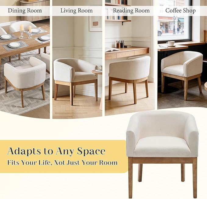 Barrel Dining Chairs Set of 2, Mid Century Modern Farmhouse Kitchen Chairs with Wood Legs, Linen Upholstered Accent Chair with Arms for Living Room/Bedroom, Beige