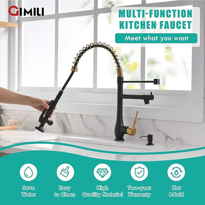 GIMILI Commercial Kitchen Faucet with Pull Down Sprayer, Double Headed Single Handle High Pressure Kitchen with Soap Dispenser Matte Black&Gold