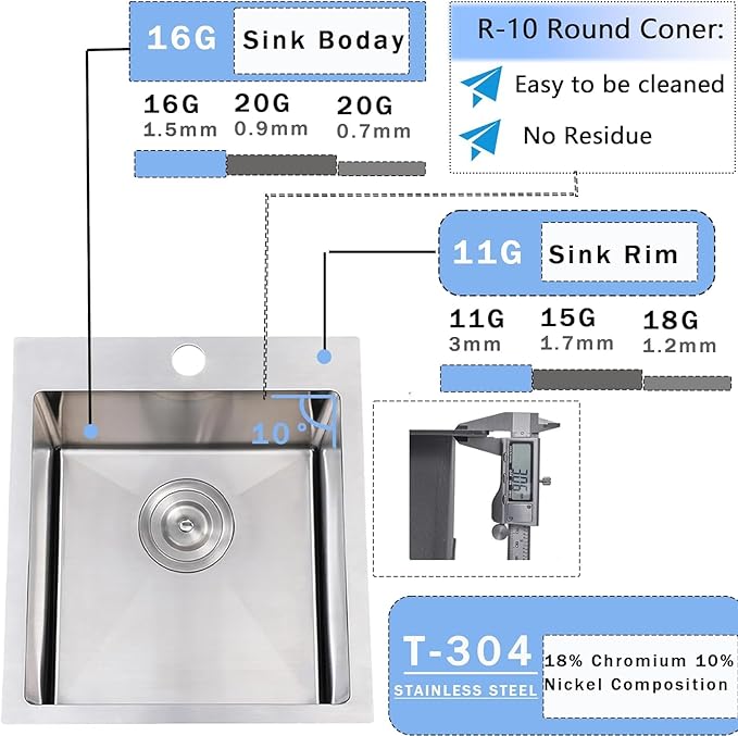 VCCUCINE Bar Sink Drop in, 15 x 17 Inch Topmount RV Small Kitchen Sink, 16 Gauge Overmount Stainless Steel Laundry Wet Bar Sink, Top Mount Outdoor Single Bowl,Brushed Nickel Prep Sink with Accessories