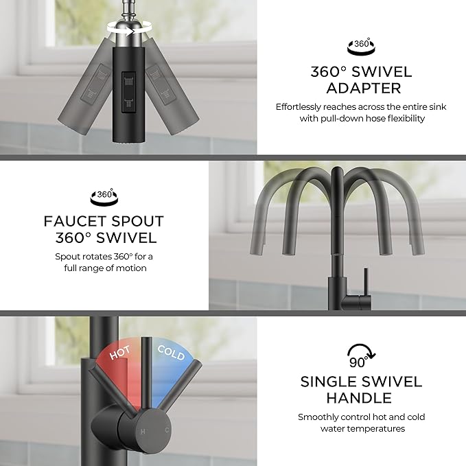 FORIOUS Black Kitchen Faucet with Pull Down Sprayer, Modern Single Hole Kitchen Sink Faucet with Soap Dispenser, Deck Plate, Single Handle, High Arc Stainless Steel for RV Farmhouse Laundry Outdoor
