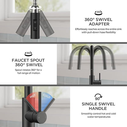 FORIOUS Black Kitchen Faucet with Pull Down Sprayer, Classic Single Hole Kitchen Sink Faucet with Deck Plate, Single Handle, High Arc Stainless Steel, Fit for RV Bar Farmhouse Laundry Outdoor