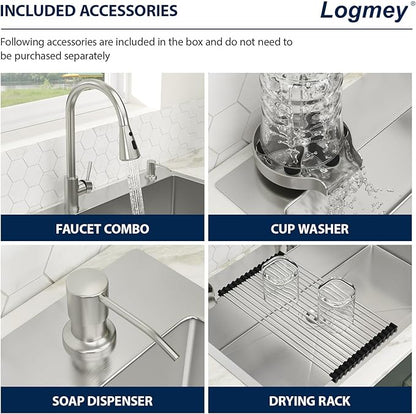 30x22 Drop in Kitchen Sink with Faucet Soap dispenser 30 Inch Stainless Steel Sinks Topmount 16 Guage 304 Single Bowl 9'' Deep Sinks with Cup Washer LMT30229-F