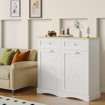 kepptory Tilt Out Trash Can Cabinet 12 Gallon, Pull Out Trash Can Storage Cabinet with 2 Drawers & Countertop, White Kitchen Cabinet with Adjustable Shelf, for Kitchen Pantry, Modern Farmhouse