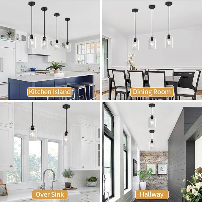 2 Pack Black Pendant Lights Kitchen Island, Modern Glass Pendant Lighting Over Island Kitchen Hanging Dining Room Light Fixtures Adjustable Pendant Lights for Bathroom Hallway Entryway Bedroom