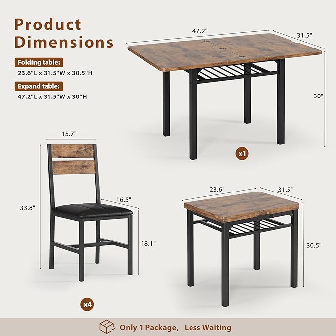 MapleGrace Dining Table Set for 4, Extendable Kitchen Table with 4 PU Leather Upholstered Dining Room Chairs, Wood Kitchen Table Set with Built-in Storage Rack for Dining & Small Spaces, Rustic Brown