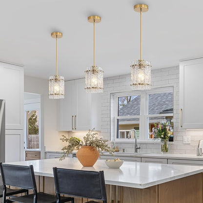 Gold Glass Pendant Lights Kitchen Island, Water Ripple Round Pendant Lights Adjustable Modern Hanging Pendant Light Fixtures for Kitchen Island Dining Room Above Sink Foyer Entryway 1 Pack