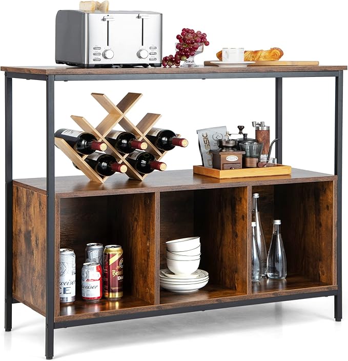 Giantex Buffet Sideboard, Wooden Cupboard, Kitchen Pantry w/Spacious Countertop, Large Open Shelf, 3 Cube Storage Cabinet, Sturdy Rustproof Steel Frame, Modern Stationary Island, Brown & Black