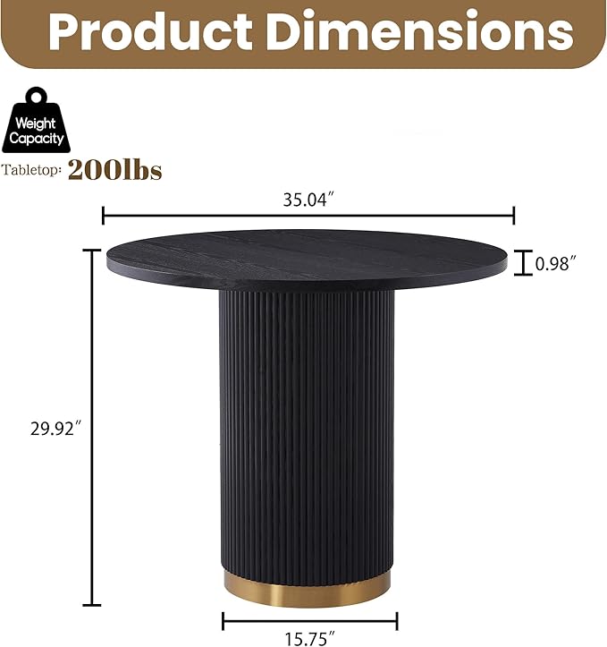 AF ARTISAN FURNITURE Round Dining Table for 4, 35.04" Farmhouse Kitchen Table, One-Piece Solid Wood Top with Gold Stainless Steel Base, Small Circle Dining Table for Kitchen & Living Room, Black