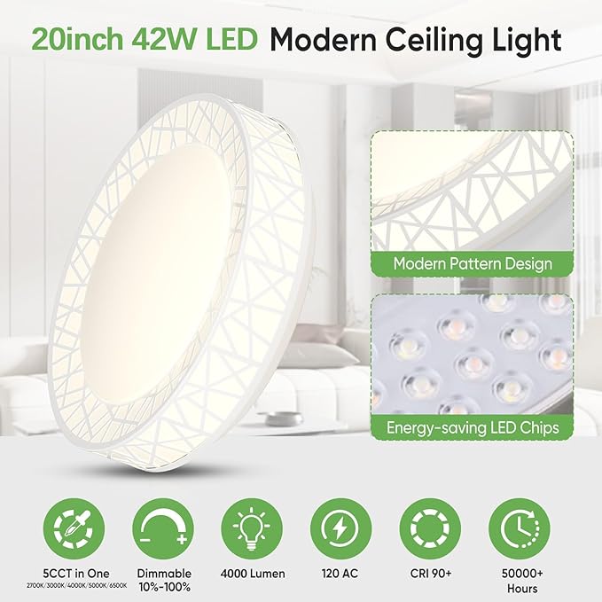 Lightania 20 Inch Flush Mount Ceiling Light, Modern White LED Ceiling Light Fixture, 42W 4000LM 2700-6500K Adjustable, Dimmable Ceiling Lights for Bedroom, Kitchen, Hallway, Bathroom, ETL Listed