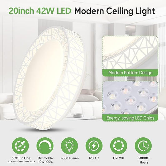 Lightania 20 Inch Flush Mount Ceiling Light, Modern White LED Ceiling Light Fixture, 42W 4000LM 2700-6500K Adjustable, Dimmable Ceiling Lights for Bedroom, Kitchen, Hallway, Bathroom, ETL Listed