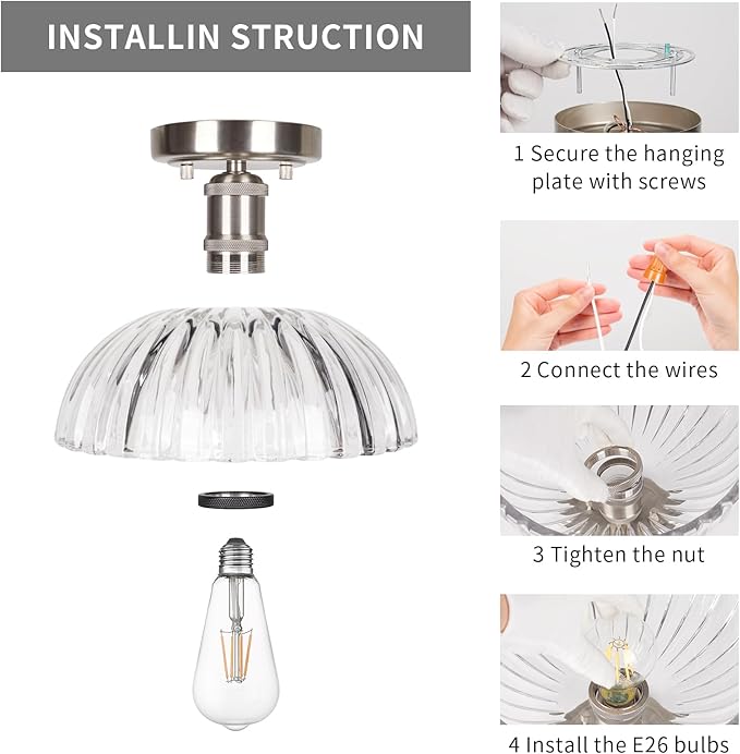 JYZ Semi Flush Mount Ceiling Light, Brushed Nickel Ceiling Light Fixture with Ribbed Glass Shade, Vintage Light fixtures for Hallway, Entryway, Bathroom, Kitchen, Bedroom