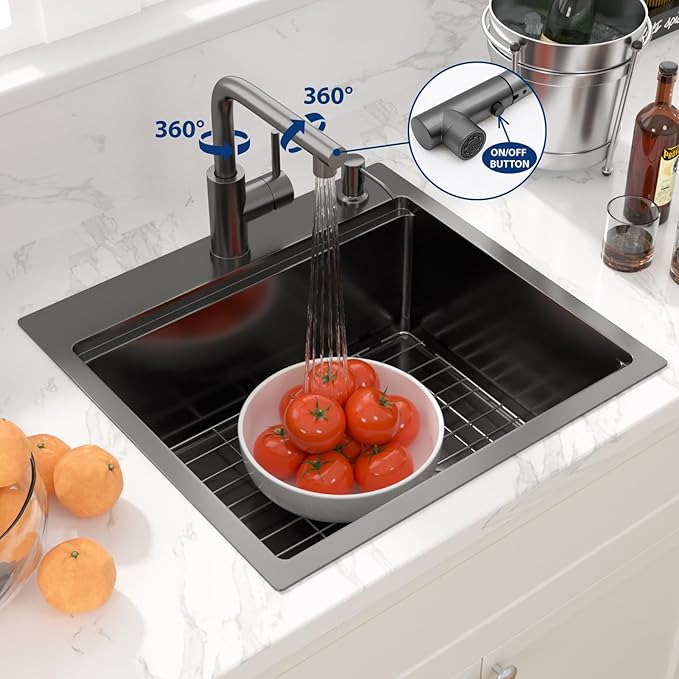 Sarlai Outdoor Kitchen Sink - 21 Inch Black Drop Bar RV Sink with Pull-out Faucet Gunmetal Black Drop In Workstation 21 x 20 Topmount Stainless Steel 16 Gauge Single Bowl Bar Prep Outdoor Sinks Basin