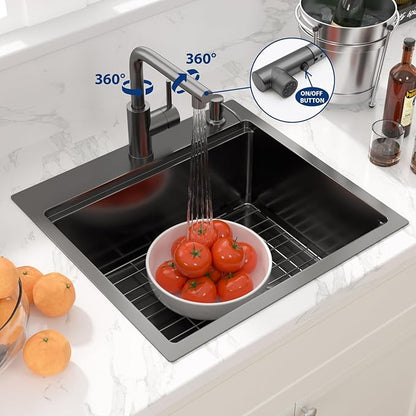 Sarlai Outdoor Kitchen Sink - 21 Inch Black Drop Bar RV Sink with Pull-out Faucet Gunmetal Black Drop In Workstation 21 x 20 Topmount Stainless Steel 16 Gauge Single Bowl Bar Prep Outdoor Sinks Basin