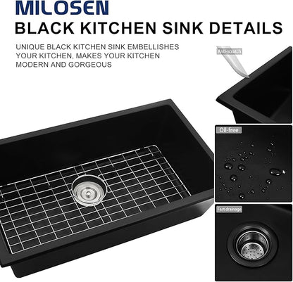 MILOSEN Black Kitchen Sink 28×18×9 Inch, Undermount/Drop In Granite Composite Quartz Single Bowl Sink, Large Deep Kitchen Sink with Custom Accessories
