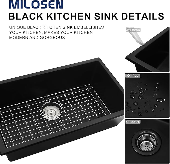 MILOSEN Black Undermount Kitchen Sink, 30''x18'' Single Bowl Granite Comoposite Kitchen Sinks, Large and Deep Sinks with Custom Accessories, Drop in Quartz Sink